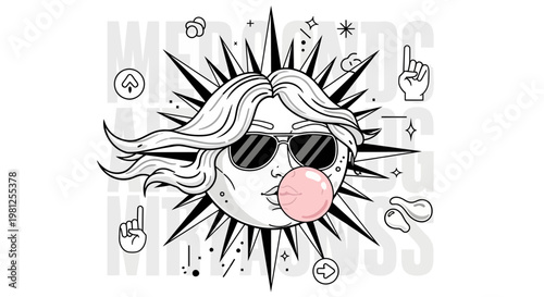 Cool Sun with Sunglasses and Bubble Gum Black and White Illustration.
