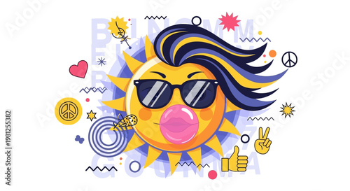 Cool Sun Character with Sunglasses and Bubble Gum.