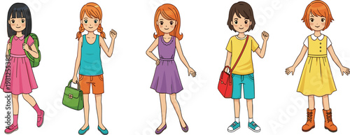 Cute girl characters vector set with casual outfits, backpacks, handbags, and different poses in colorful cartoon illustration