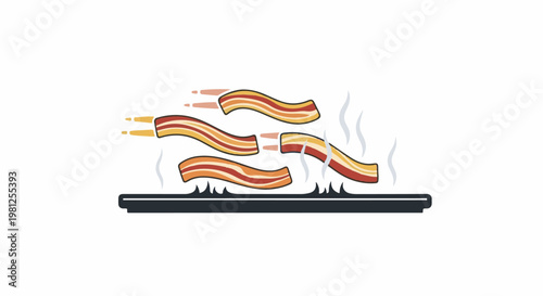 Cartoon bacon strips sizzle and steam on a hot surface