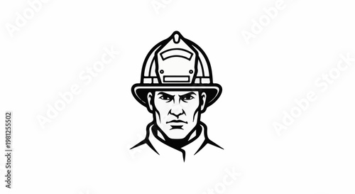 Close-up black and white illustration of a determined firefighter's face