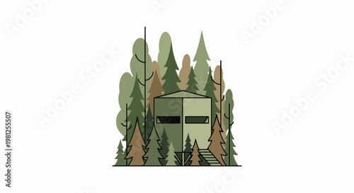 Camouflaged hunting blind nestled amongst various trees in a forest