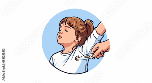 Child's forehead angled up as thermometer is placed under arm