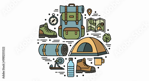 Camping gear arranged in a circle backpack, tent, boots, map
