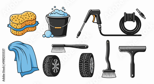 Car wash accessories sponge, bucket, pressure washer, hose, towel, brushes, tires, squeegee