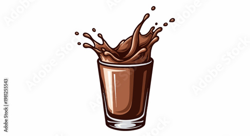 Chocolate liquid splashes dynamically from a clear glass with a white background