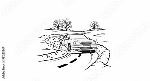 Car skidding on snowy road with bare trees in background