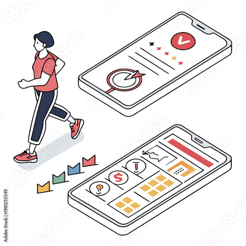 A woman is actively running while utilizing a smartphone displaying fitness tracking data and a secondary phone shows additional app features