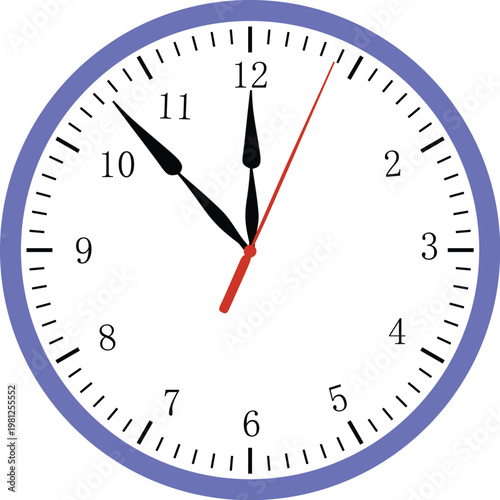 A professional and high-quality vector illustration of a modern analog wall clock
. Designed with a clean white dial, bold black numerals, and a stylish blue outer frame. This flat-style graphic is pe