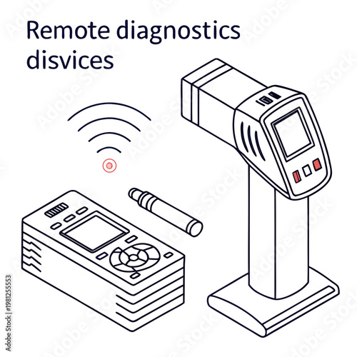 This illustration depicts remote diagnostics devices including a handheld scanner and a base station communicating wirelessly via radio waves high quality professional
