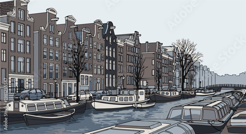 Canal scene with rowboats, cars, and row houses