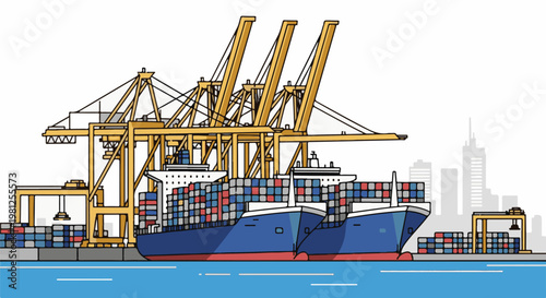 Cargo ships docked at port with cranes and containers under city skyline