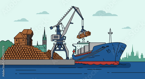 Cargo ship loading logs at a port with cranes and buildings