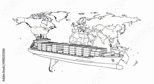 Cargo ship carrying containers across world map