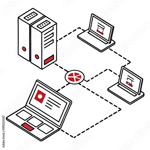 A minimalist illustration depicts a network connection between a server two laptops and a mobile device high quality professional detailed modern elegant