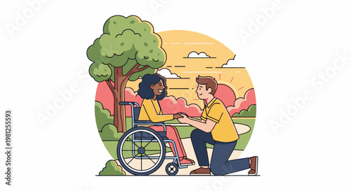 Caring man offers hand to woman in wheelchair under a tree at sunset