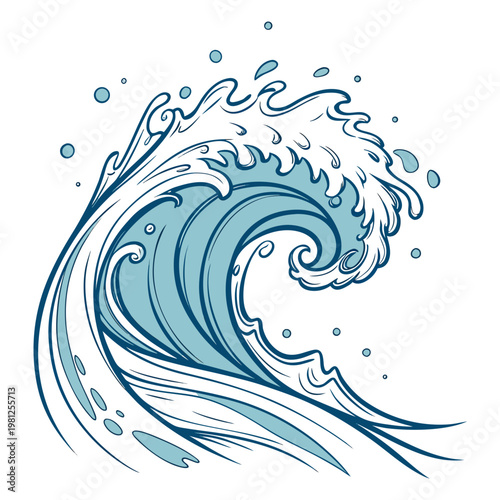 A stylized blue and white illustration depicts a crashing ocean wave with swirling foam and water droplets high quality professional detailed modern