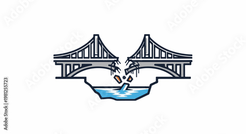 Broken bridge collapses into water with debris falling below