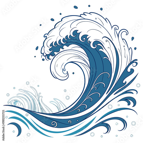 A stylized illustration depicts a large curling ocean wave with dynamic lines and a blue and white color scheme high quality professional