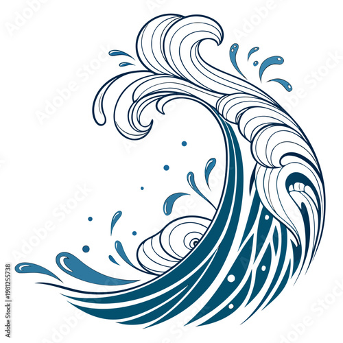An elegant stylized illustration depicts a swirling ocean wave with intricate lines and dynamic curves creating a sense of movement high quality