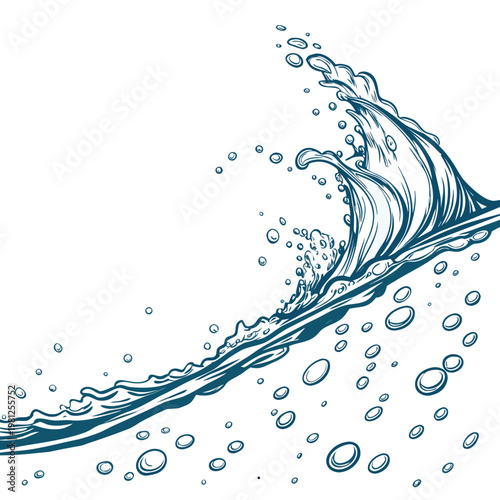 A stylized blue toned illustration depicts a powerful ocean wave cresting and breaking with swirling foam and bubbles high quality professional detailed