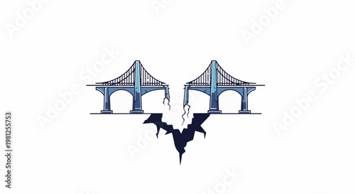 Broken bridge over a dark chasm with a bat-like silhouette