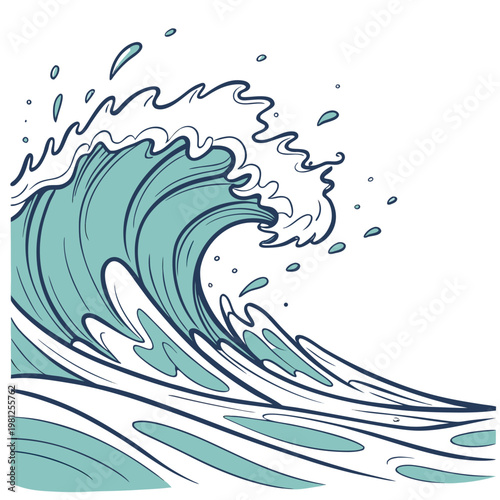 A stylized illustration depicts a breaking ocean wave with swirling foam and water droplets rendered in a cool teal color palette