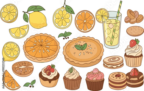Dessert and Citrus Food Illustration Set with Cakes Cupcakes Lemon Orange Drinks and Sweet Bakery Items in Cute Hand Drawn Style