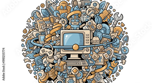 Retro Computer and Technology Doodle Illustration.