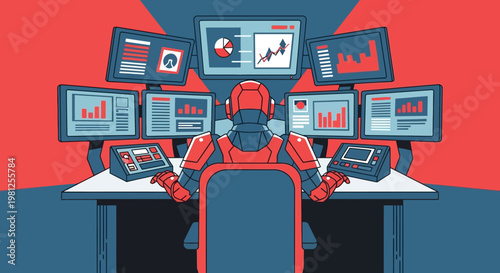 Robot trader analyzing financial data on multiple computer screens.
