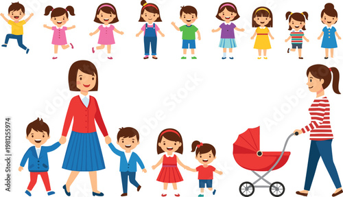 Family and children cartoon vector set with parents, kids, walking, playing, and baby stroller in colorful flat illustration