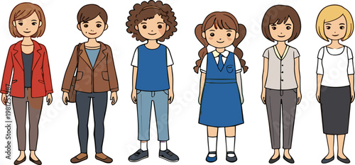 Female characters vector set with different ages, outfits, and styles including schoolgirl and casual women in cartoon illustration