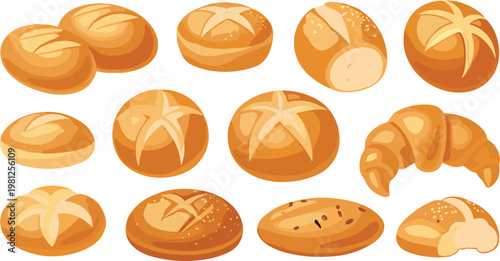 Fresh Bakery Bread Collection Set with Different Buns Loaves Croissant and Pastry Types in Warm Golden Color Flat Vector Illustration