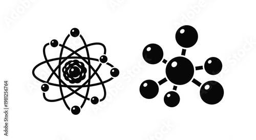 Two atomic structures depicted in a minimalist black silhouette