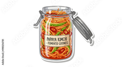 Kimchi in glass jar, traditional Korean fermented vegetable dish