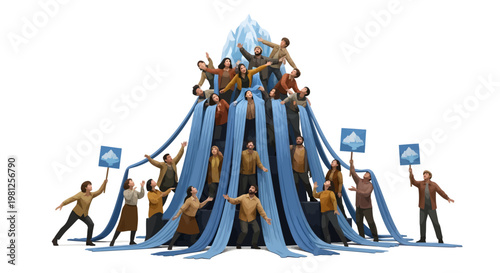 teamwork concept with people building a blue tower together