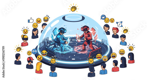 Robots fighting inside glass dome surrounded by people with emojis