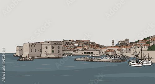 Coastal fortified city with a harbor filled with boats and buildings