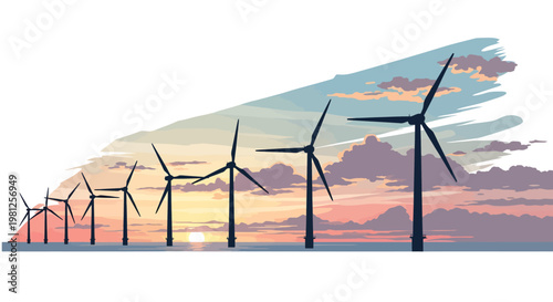 Wind turbines at sunset, renewable energy concept