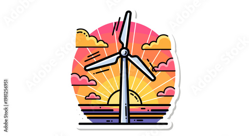 Wind turbine at colorful sunset with clouds and sun rays