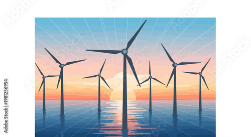 offshore wind farm at sunset with turbines in the ocean