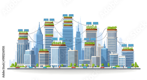 Futuristic cityscape with green roofs and skyscrapers