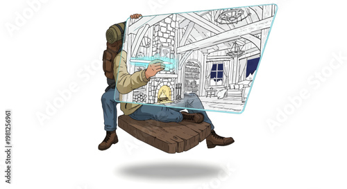 man holding large architectural blueprint floating in air