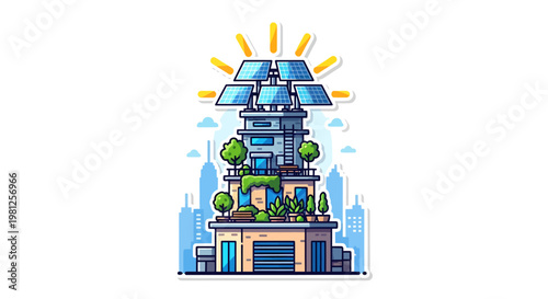 Eco friendly building with solar panels and green roof in city
