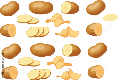 Potato and Chips Illustration Set with Whole Sliced and Crispy Snack Pieces in Flat Cartoon Style Food Collection Isolated on White Background