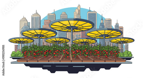City garden with yellow umbrellas and skyscrapers background