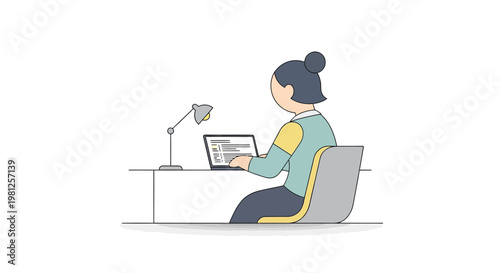 woman sitting at desk with laptop and lamp on white background vector