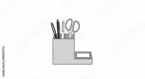 Desk Organizer with Pens Pencils Scissors and Tape Dispenser Isolated on White Background