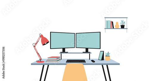 Modern home office setup with dual monitors and minimalist decor isolated on white background