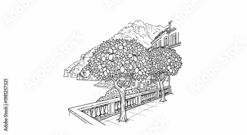 Coastal Italian villa with fruit trees overlooking water and mountains